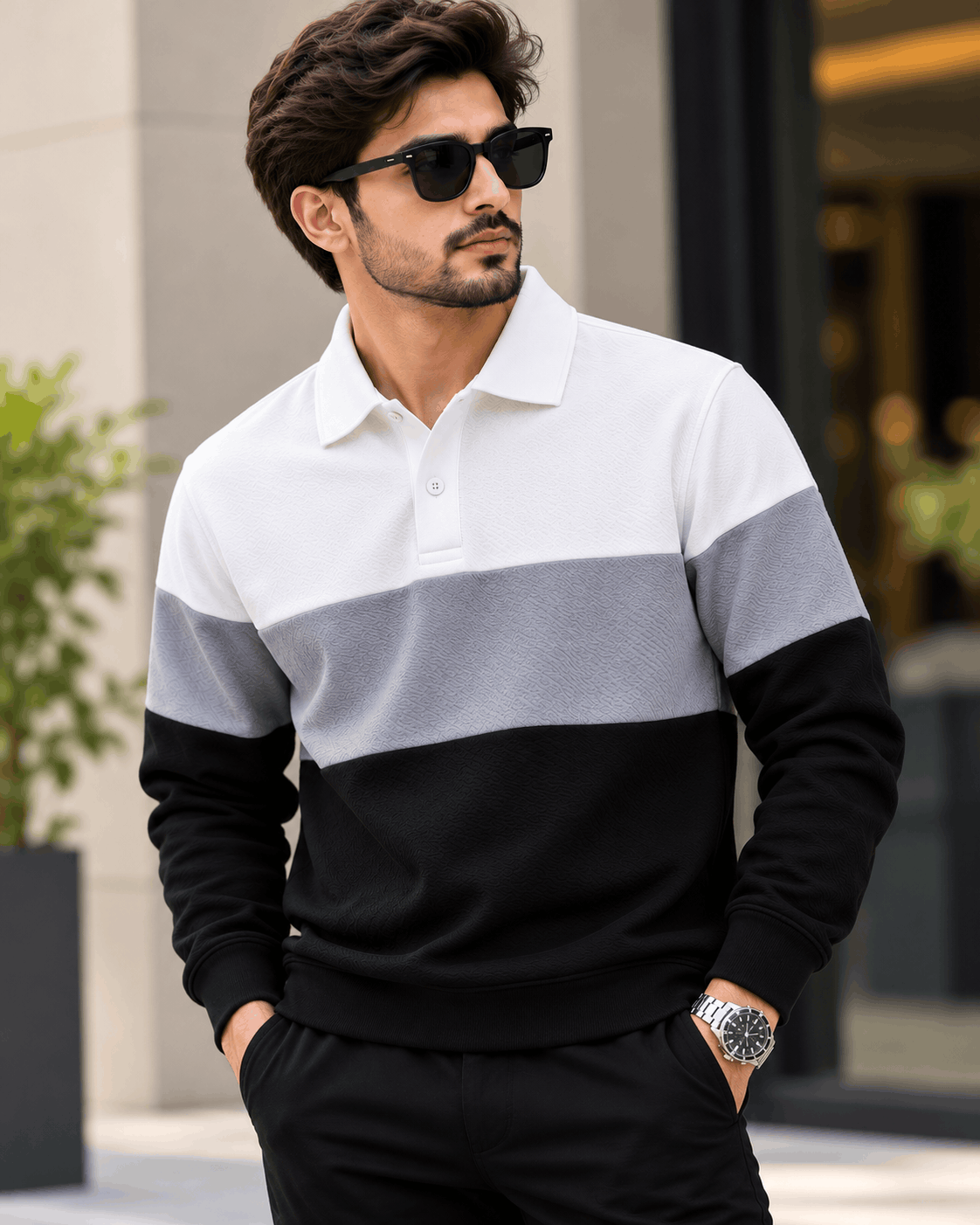 Urban Slate Men's Popcorn Textured Full Sleeve Polo T-Shirt – White, Grey & Black