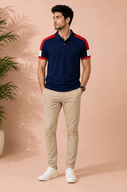 Navy Blue Polo T-Shirt with Red Shoulder Cut