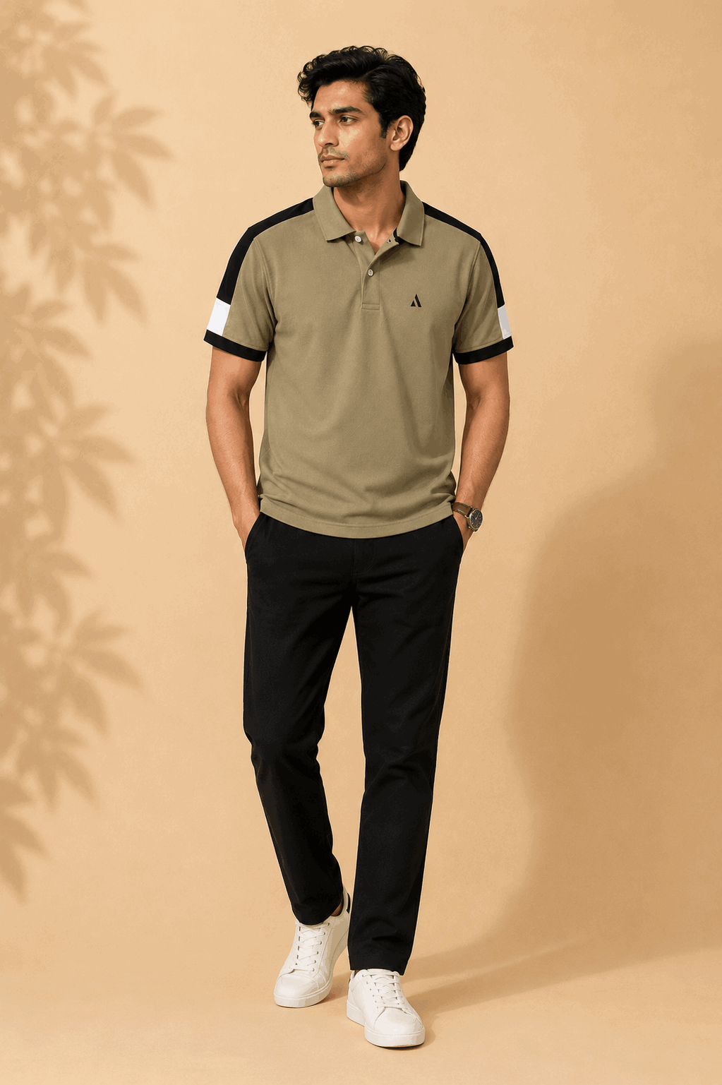 Men's Khaki Olive Colour Block Premium Polo T-Shirt Shoulder Cut