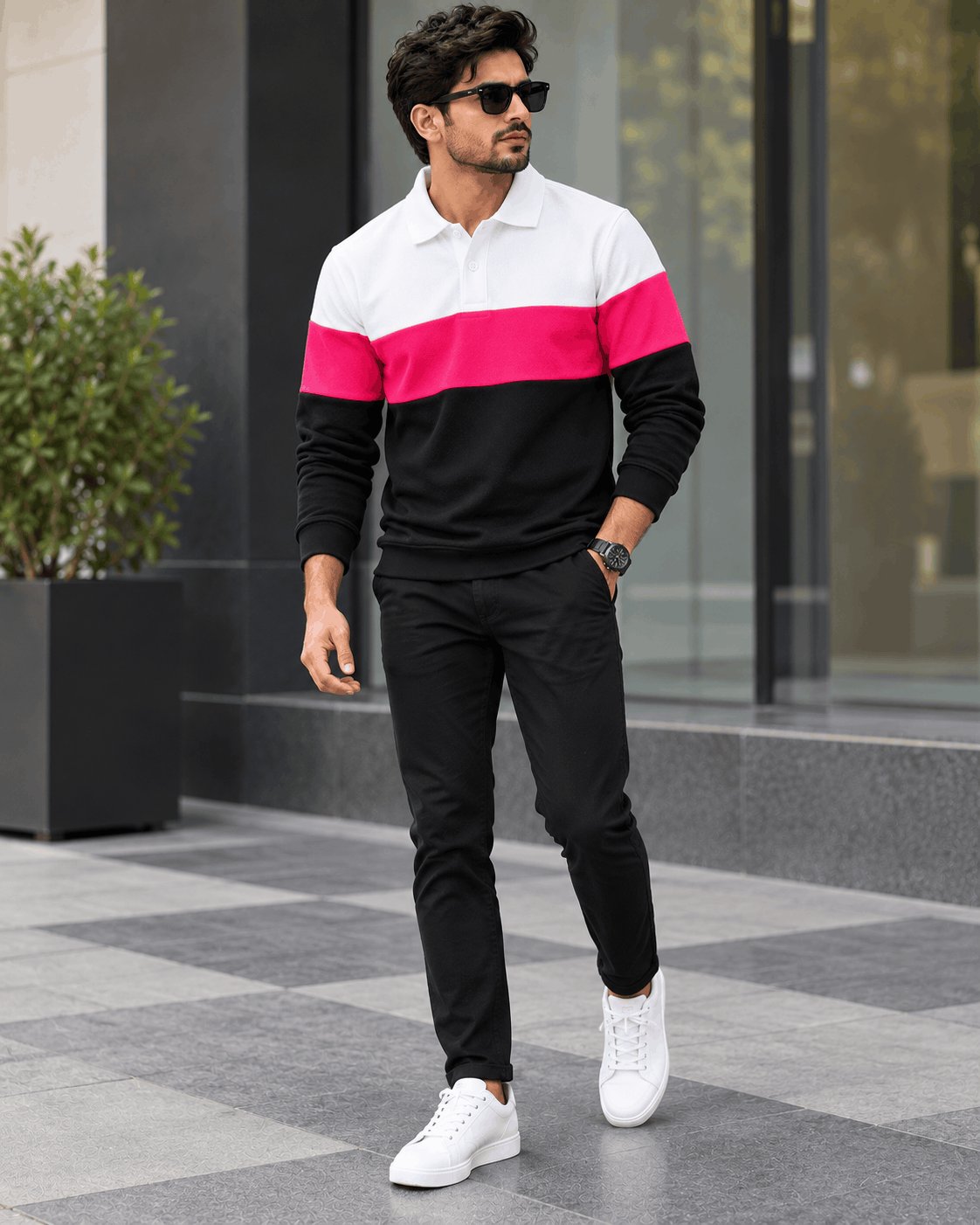 Urban Edge Men's Popcorn Textured Full Sleeve Polo T-Shirt – White, Hot Pink & Black