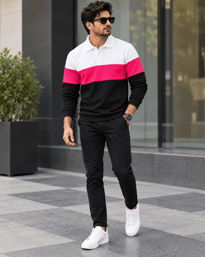 Urban Edge Men's Popcorn Textured Full Sleeve Polo T-Shirt – White, Hot Pink & Black