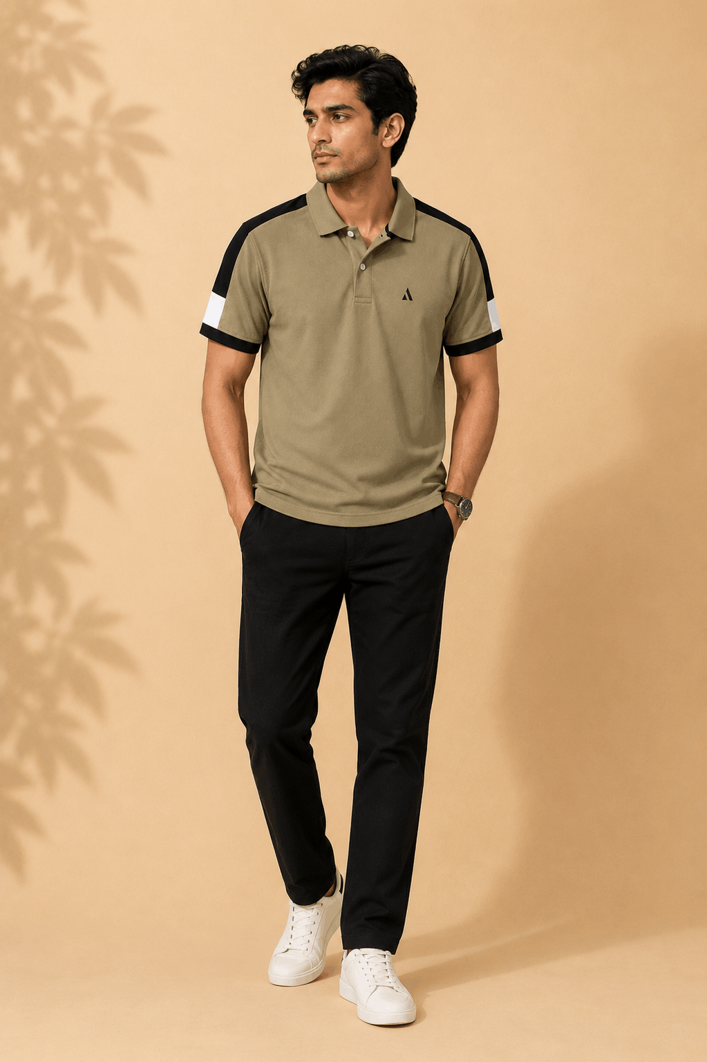 Men's Khaki Olive Colour Block Premium Polo T-Shirt Shoulder Cut
