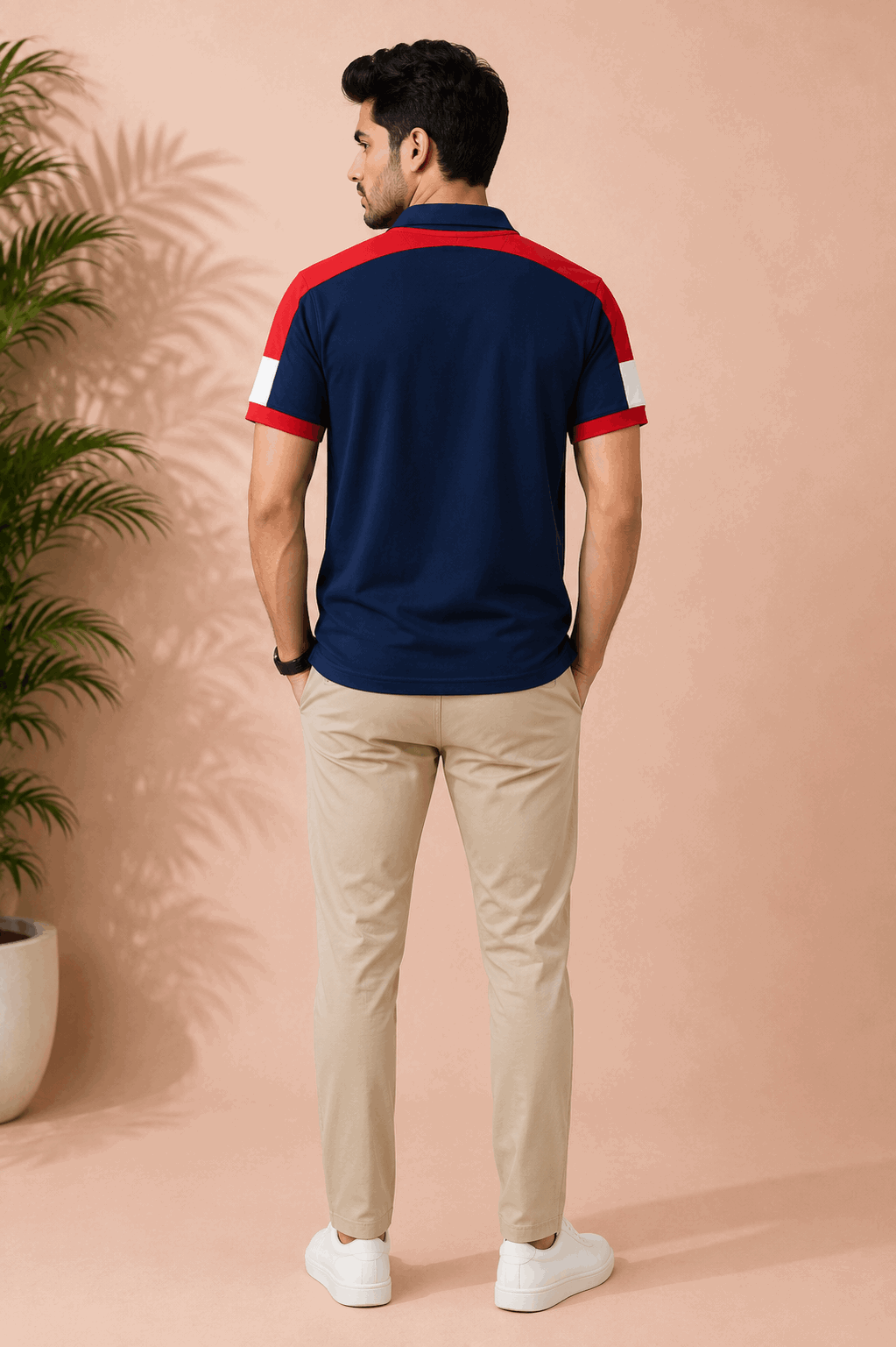 Navy Blue Polo T-Shirt with Red Shoulder Cut