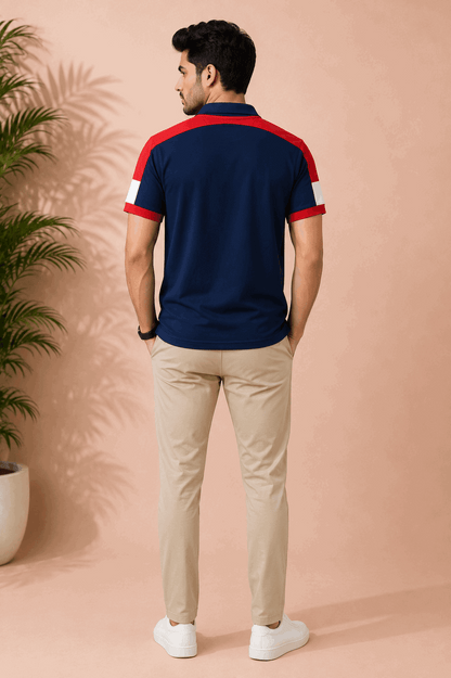 Navy Blue Polo T-Shirt with Red Shoulder Cut