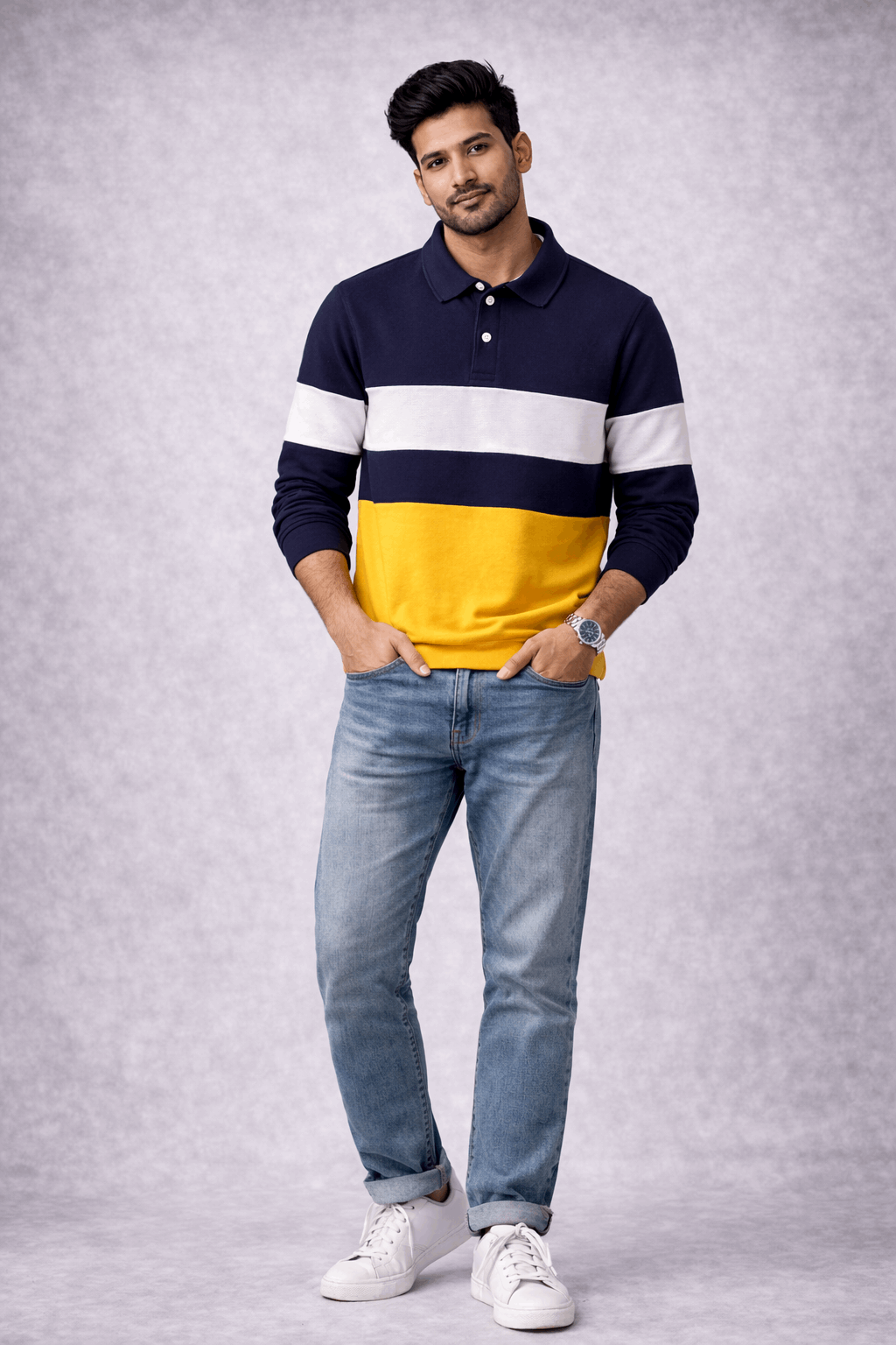 Men’s Full Sleeve Popcorn Fabric Polo T-Shirt – Navy Blue, White & Yellow Colorblock