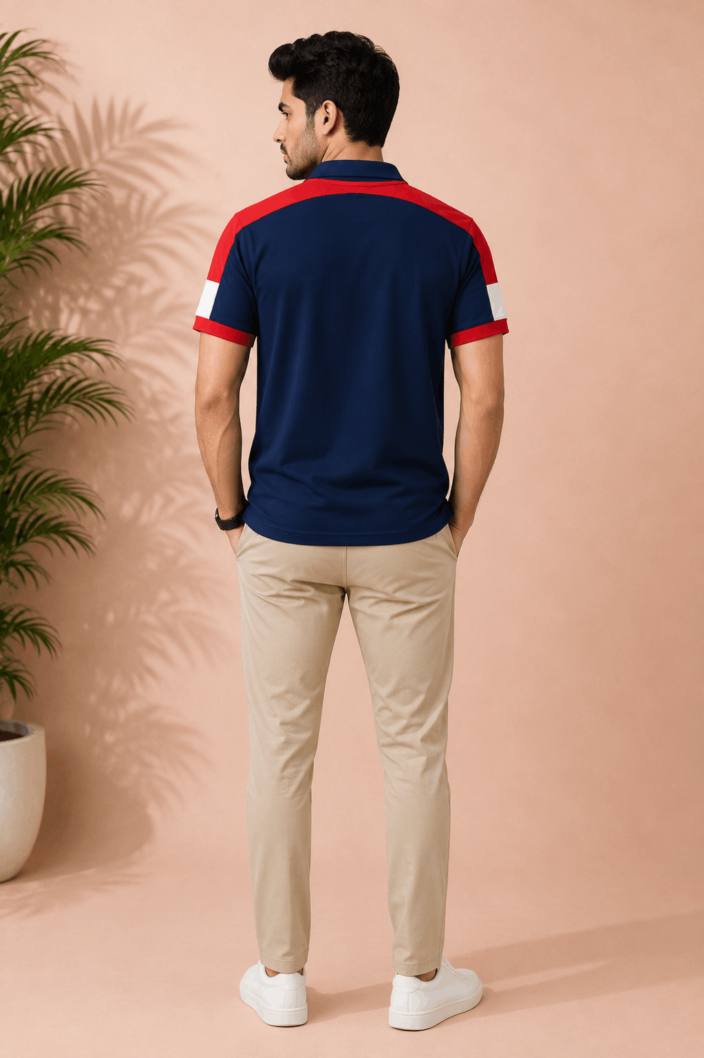 Navy Blue Polo T-Shirt with Red Shoulder Cut