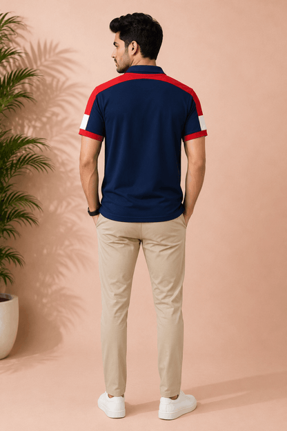 Navy Blue Polo T-Shirt with Red Shoulder Cut