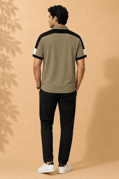 Men's Khaki Olive Colour Block Premium Polo T-Shirt Shoulder Cut