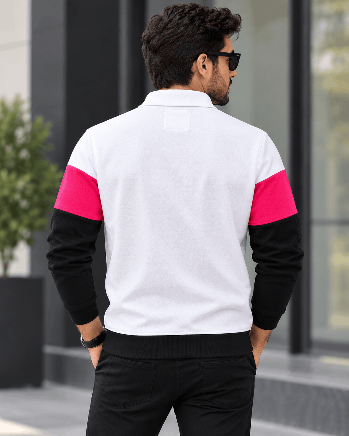 Urban Edge Men's Popcorn Textured Full Sleeve Polo T-Shirt – White, Hot Pink & Black