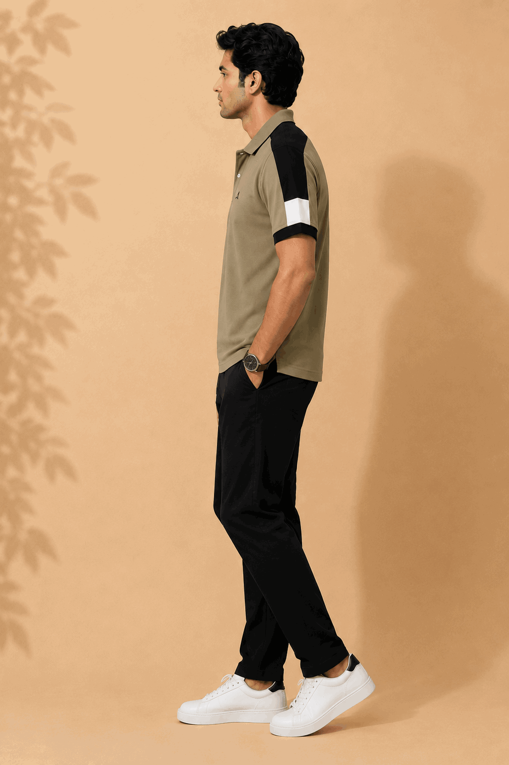 Men's Khaki Olive Colour Block Premium Polo T-Shirt Shoulder Cut