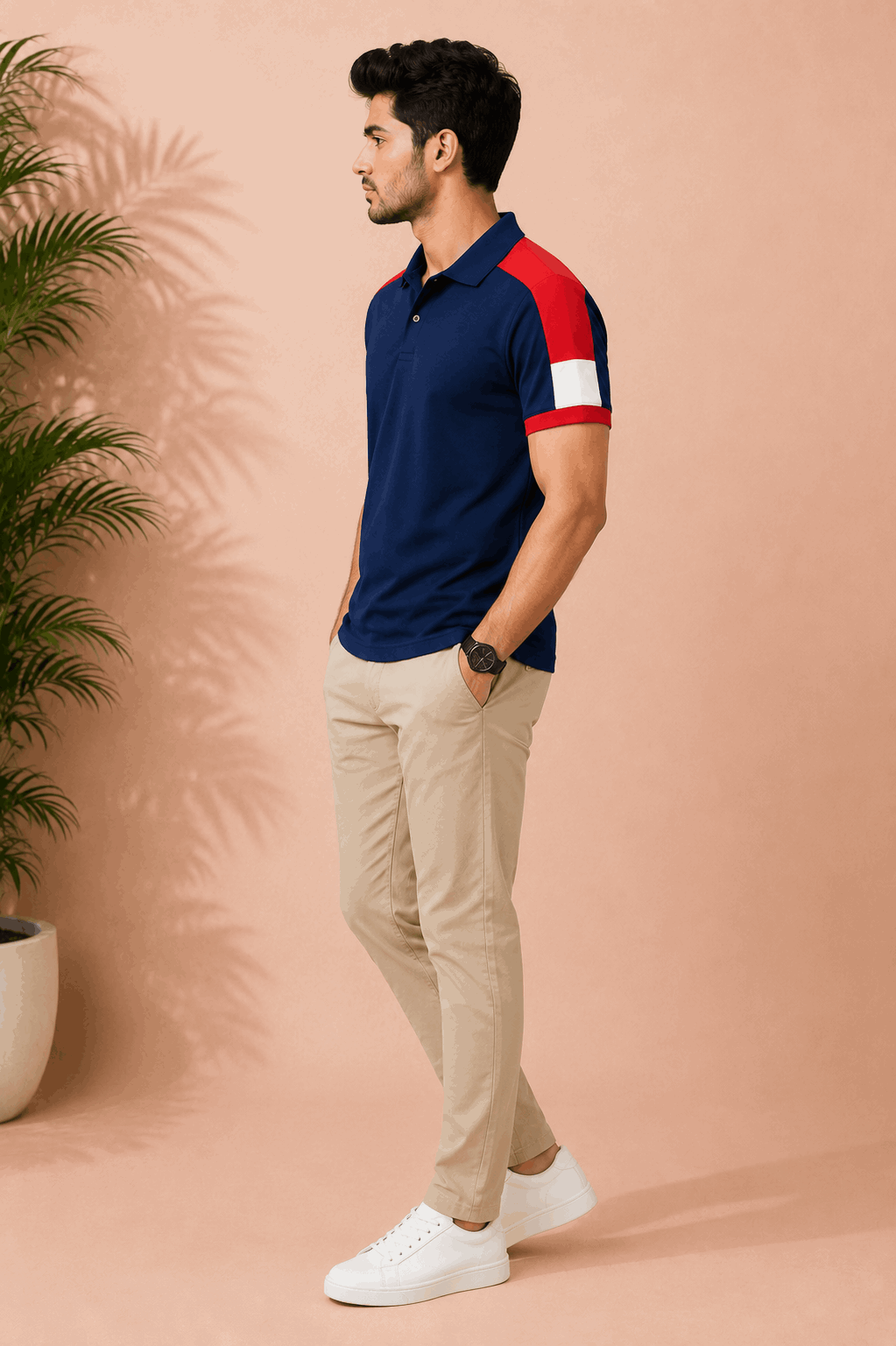 Navy Blue Polo T-Shirt with Red Shoulder Cut