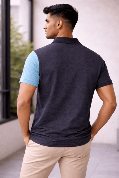 Premium Dual Tone Polo T-Shirt (Dark Mélange & Sky Blue)