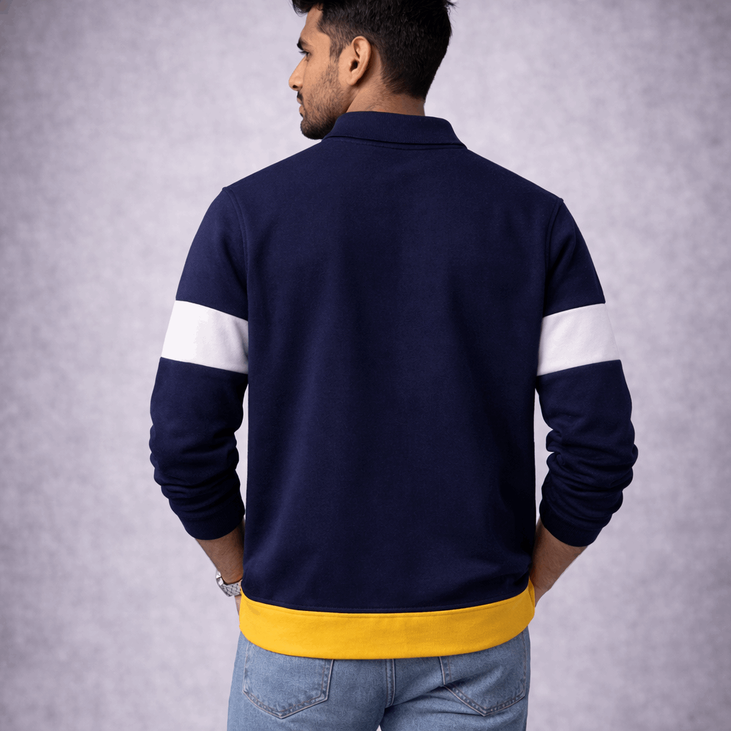 Men’s Full Sleeve Popcorn Fabric Polo T-Shirt – Navy Blue, White & Yellow Colorblock