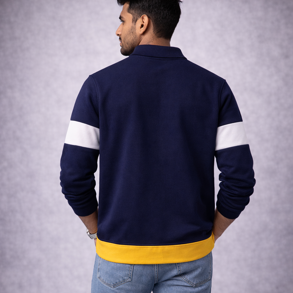 Men’s Full Sleeve Popcorn Fabric Polo T-Shirt – Navy Blue, White & Yellow Colorblock
