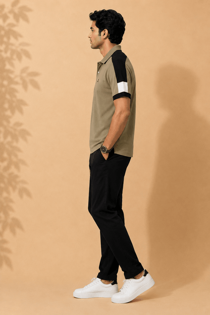Men's Khaki Olive Colour Block Premium Polo T-Shirt Shoulder Cut