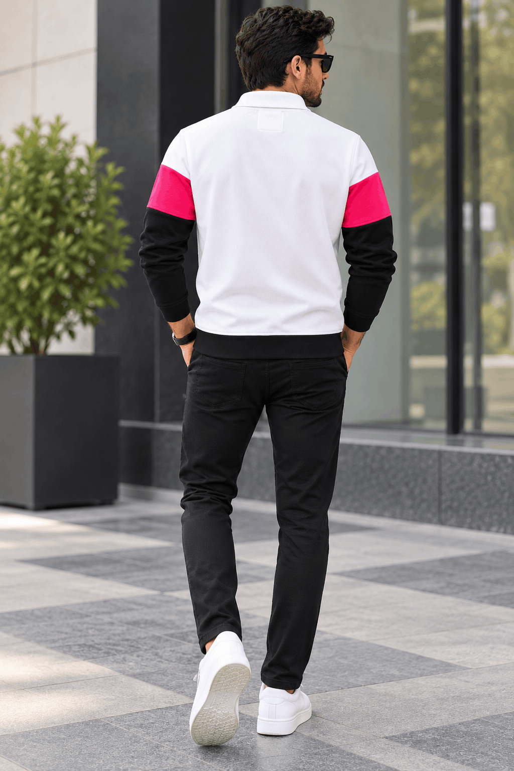 Urban Edge Men's Popcorn Textured Full Sleeve Polo T-Shirt – White, Hot Pink & Black