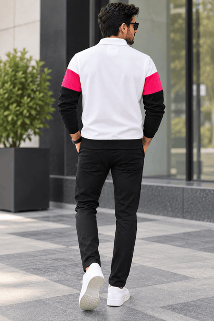 Urban Edge Men's Popcorn Textured Full Sleeve Polo T-Shirt – White, Hot Pink & Black