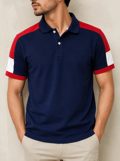 Navy Blue Polo T-Shirt with Red Shoulder Cut