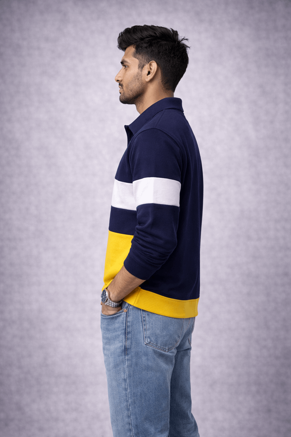Men’s Full Sleeve Popcorn Fabric Polo T-Shirt – Navy Blue, White & Yellow Colorblock