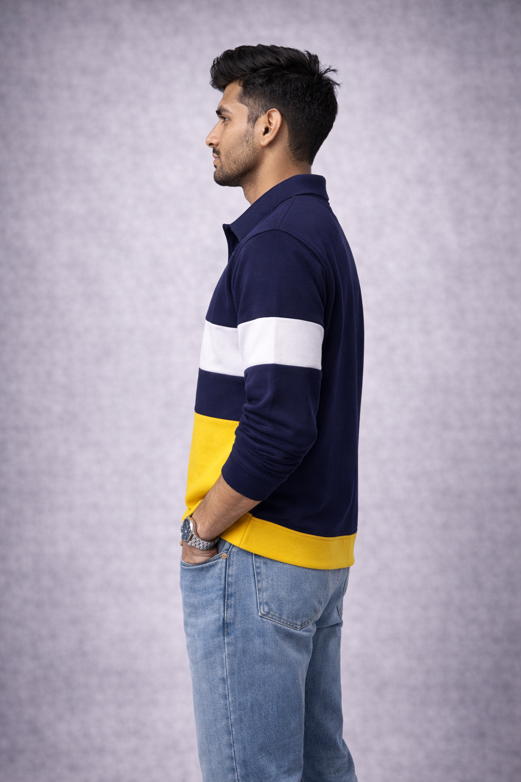 Men’s Full Sleeve Popcorn Fabric Polo T-Shirt – Navy Blue, White & Yellow Colorblock