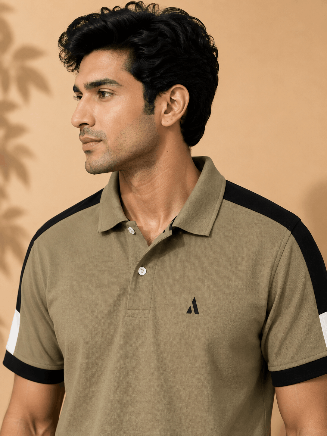 Men's Khaki Olive Colour Block Premium Polo T-Shirt Shoulder Cut