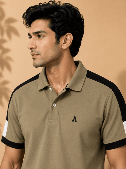 Men's Khaki Olive Colour Block Premium Polo T-Shirt Shoulder Cut