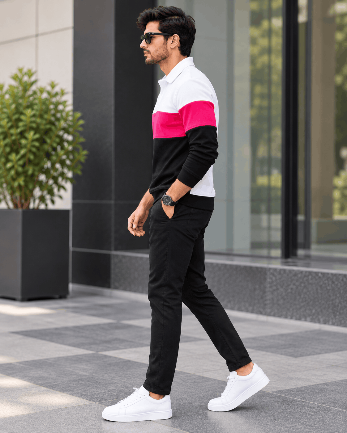 Urban Edge Men's Popcorn Textured Full Sleeve Polo T-Shirt – White, Hot Pink & Black