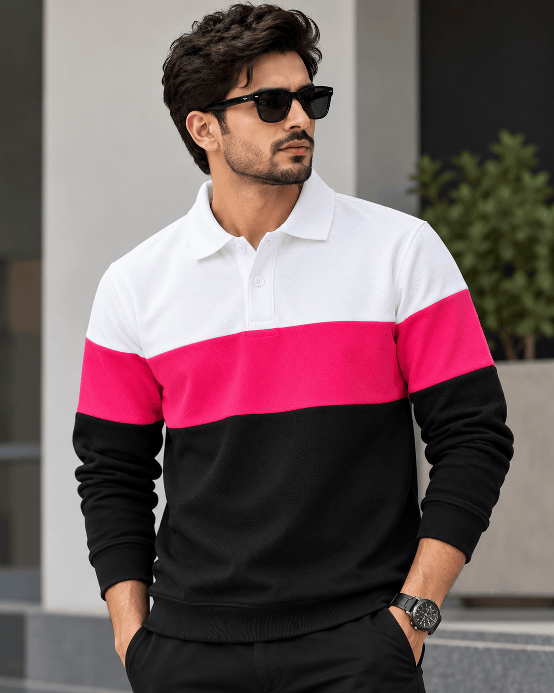 Urban Edge Men's Popcorn Textured Full Sleeve Polo T-Shirt – White, Hot Pink & Black