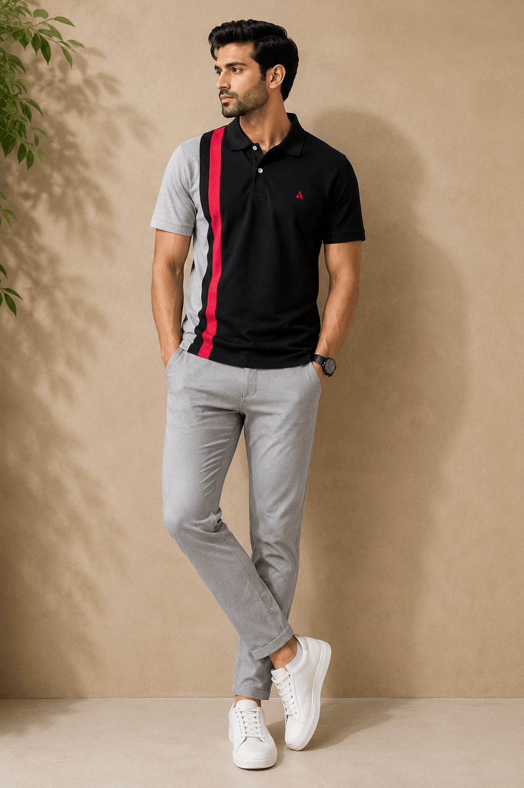Dark Melange Grey with Red vertical stripe Polo T-Shirt
