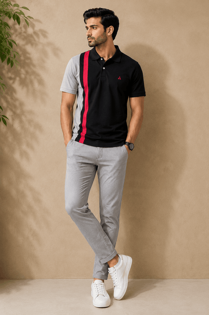 Dark Melange Grey with Red vertical stripe Polo T-Shirt