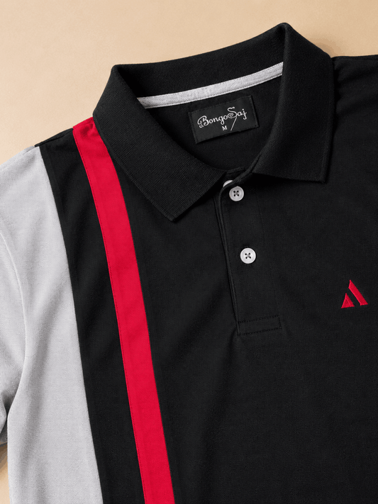 Dark Melange Grey with Red vertical stripe Polo T-Shirt