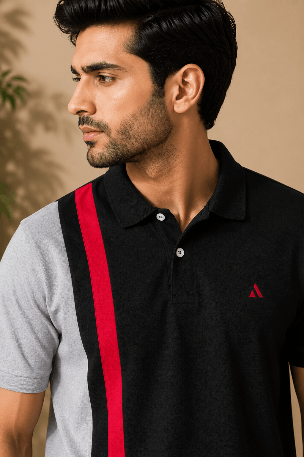Dark Melange Grey with Red vertical stripe Polo T-Shirt