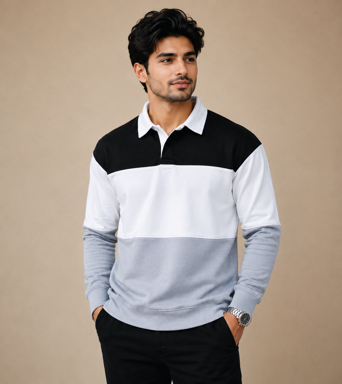 Men’s Colorblock Lycra Fabric T shirt – Steel Grey, White & Black