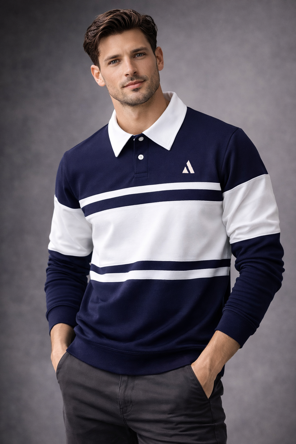 Full sleeve Collar T-Shirt Navy Blue & White 2-Stripes