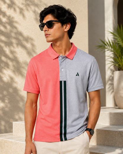 Sparkcolours Men's Coral Pink & Grey Colorblock Polo T-Shirt