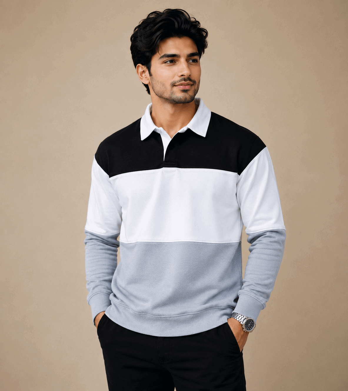 Men’s Colorblock Lycra Fabric T shirt – Steel Grey, White & Black