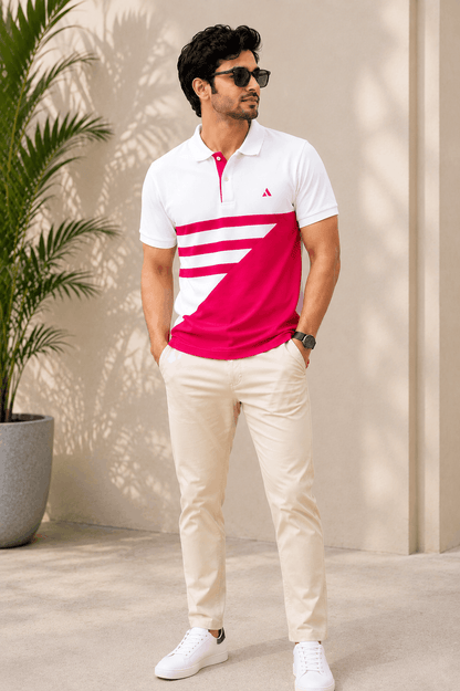 Men's Premium Cotton Piqué Polo T-Shirt – White & Hot Pink