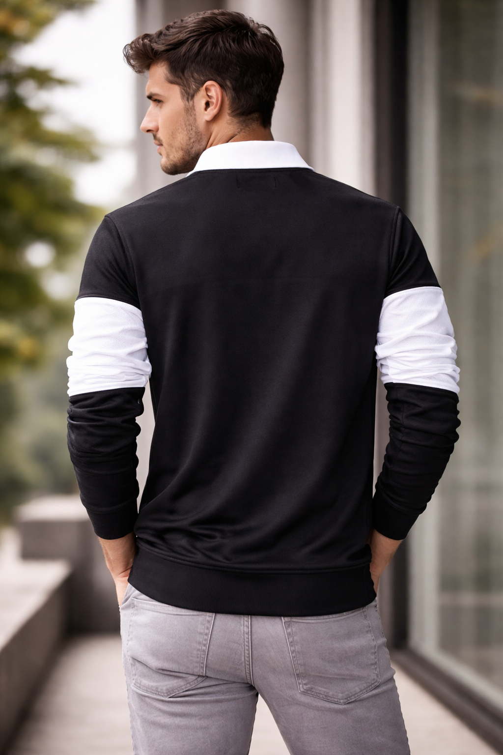 Full sleeve Collar Lycra T Shirt Black with White new