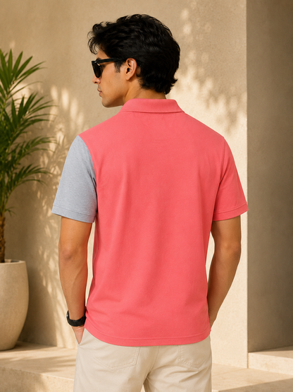 Sparkcolours Men's Coral Pink & Grey Colorblock Polo T-Shirt