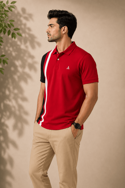Red Black with white vertical stripe Polo T-Shirt