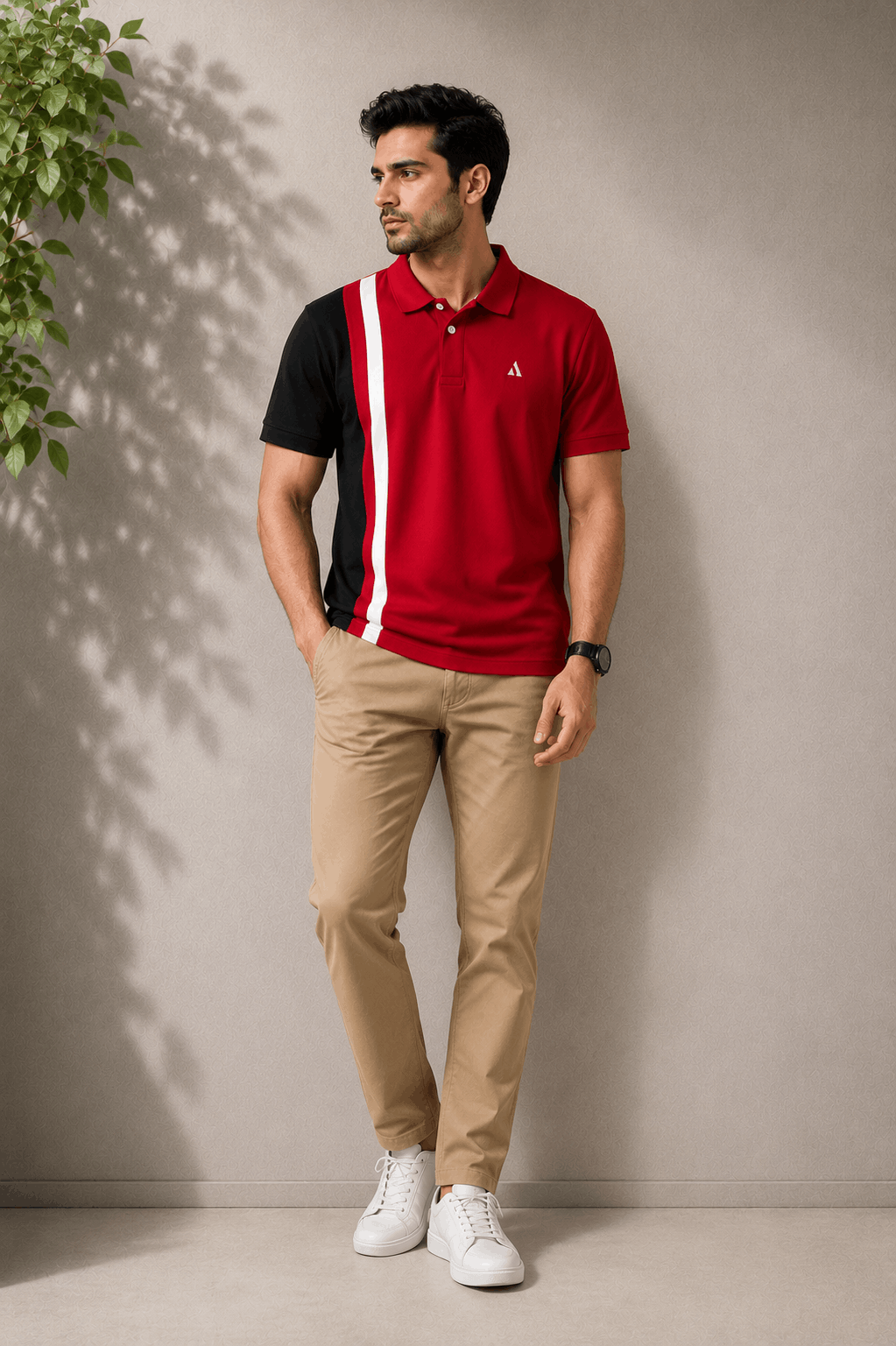 Red Black with white vertical stripe Polo T-Shirt