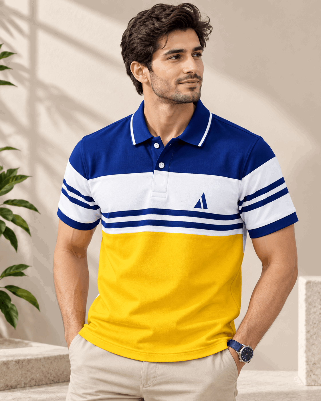 Urban Stripe Polo T-Shirt – Royal Blue white and yellow