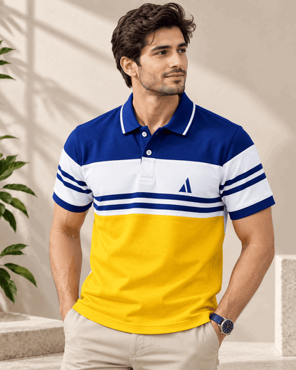 Urban Stripe Polo T-Shirt – Royal Blue white and yellow