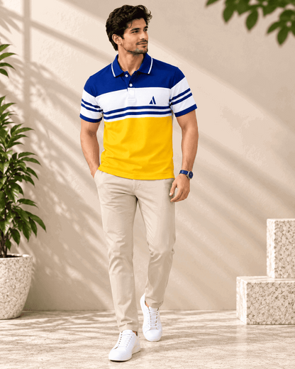 Urban Stripe Polo T-Shirt – Royal Blue white and yellow