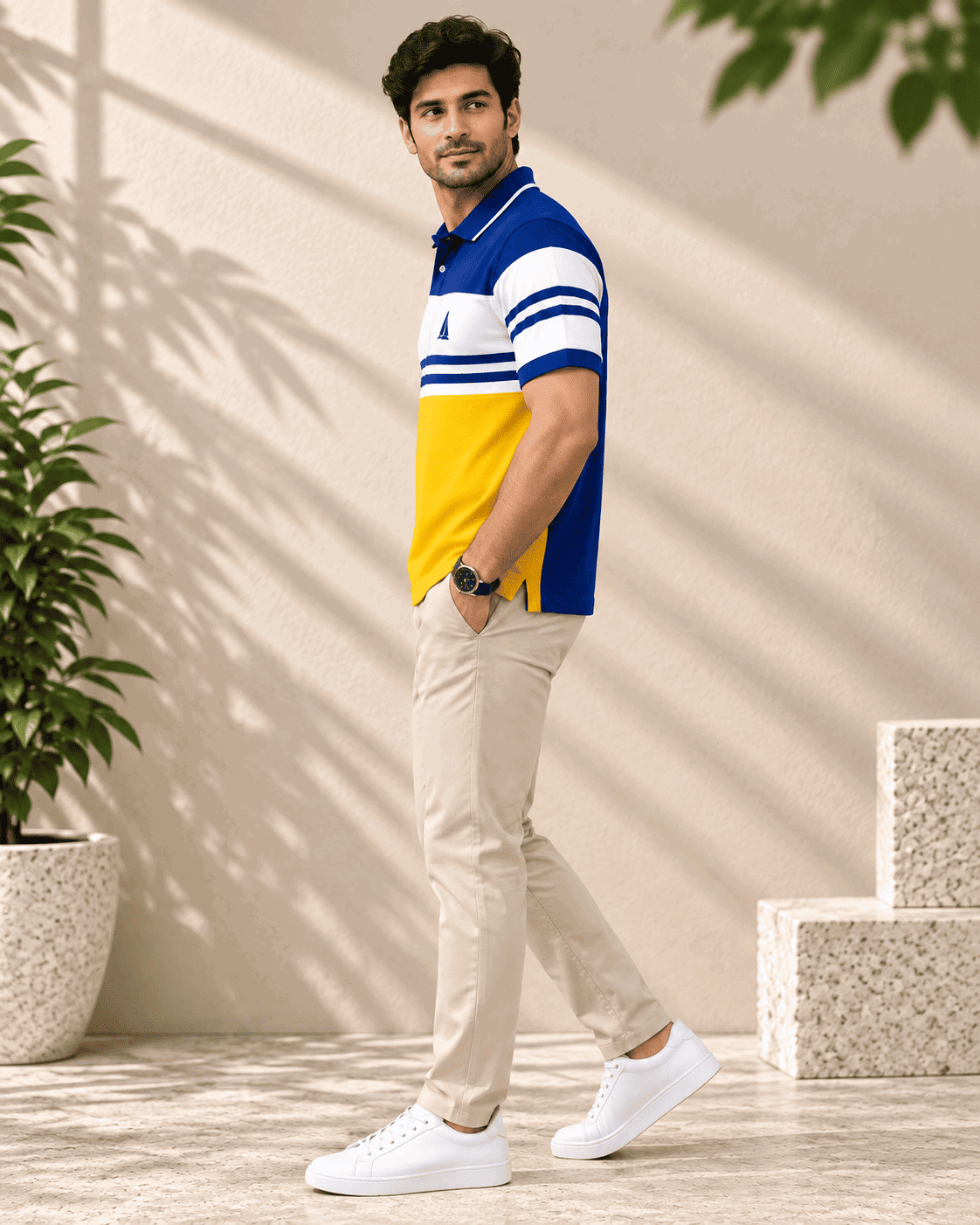 Urban Stripe Polo T-Shirt – Royal Blue white and yellow