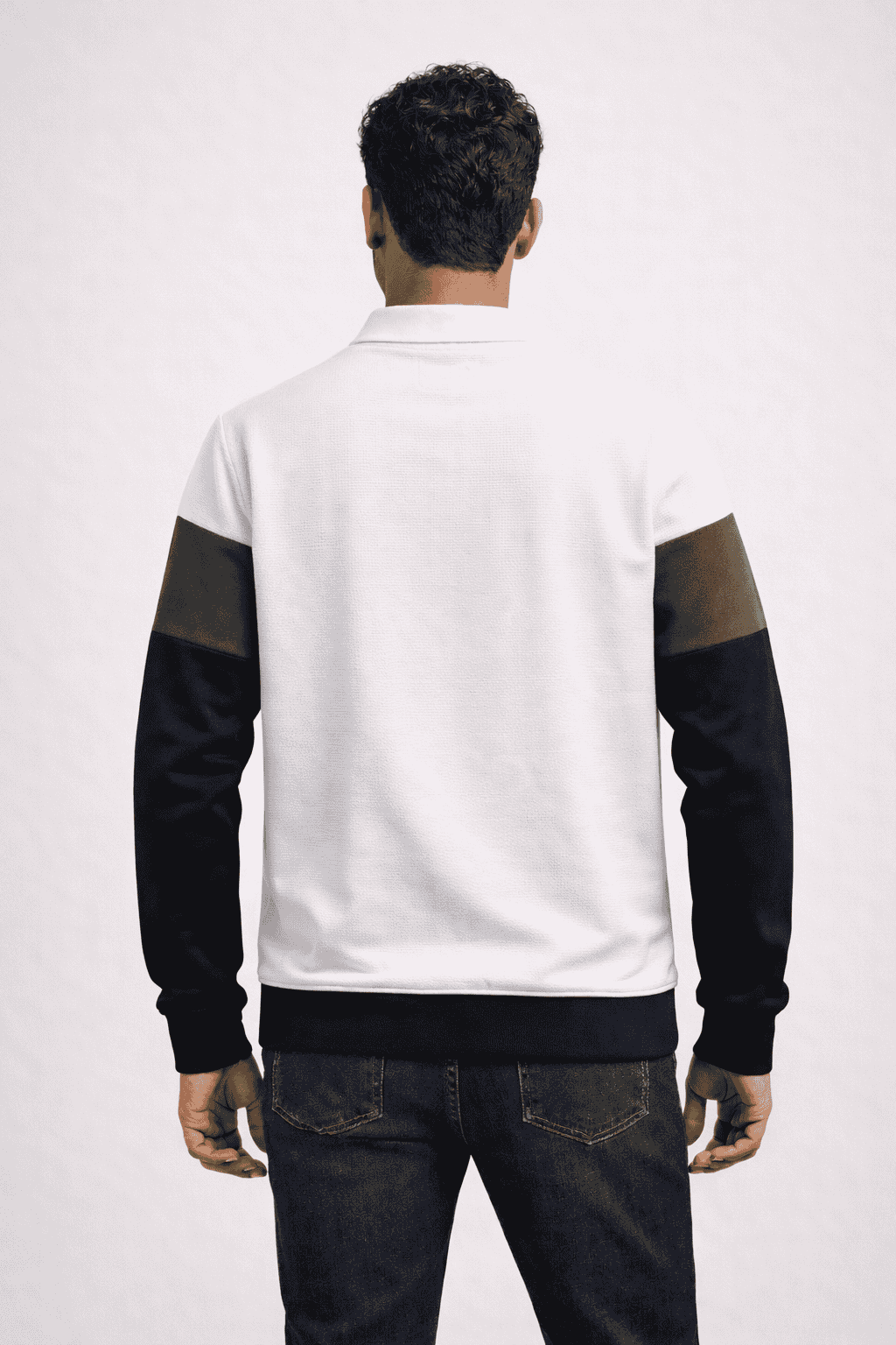 Premium Polo T-Shirt White–Olive Green–Black Colorblock