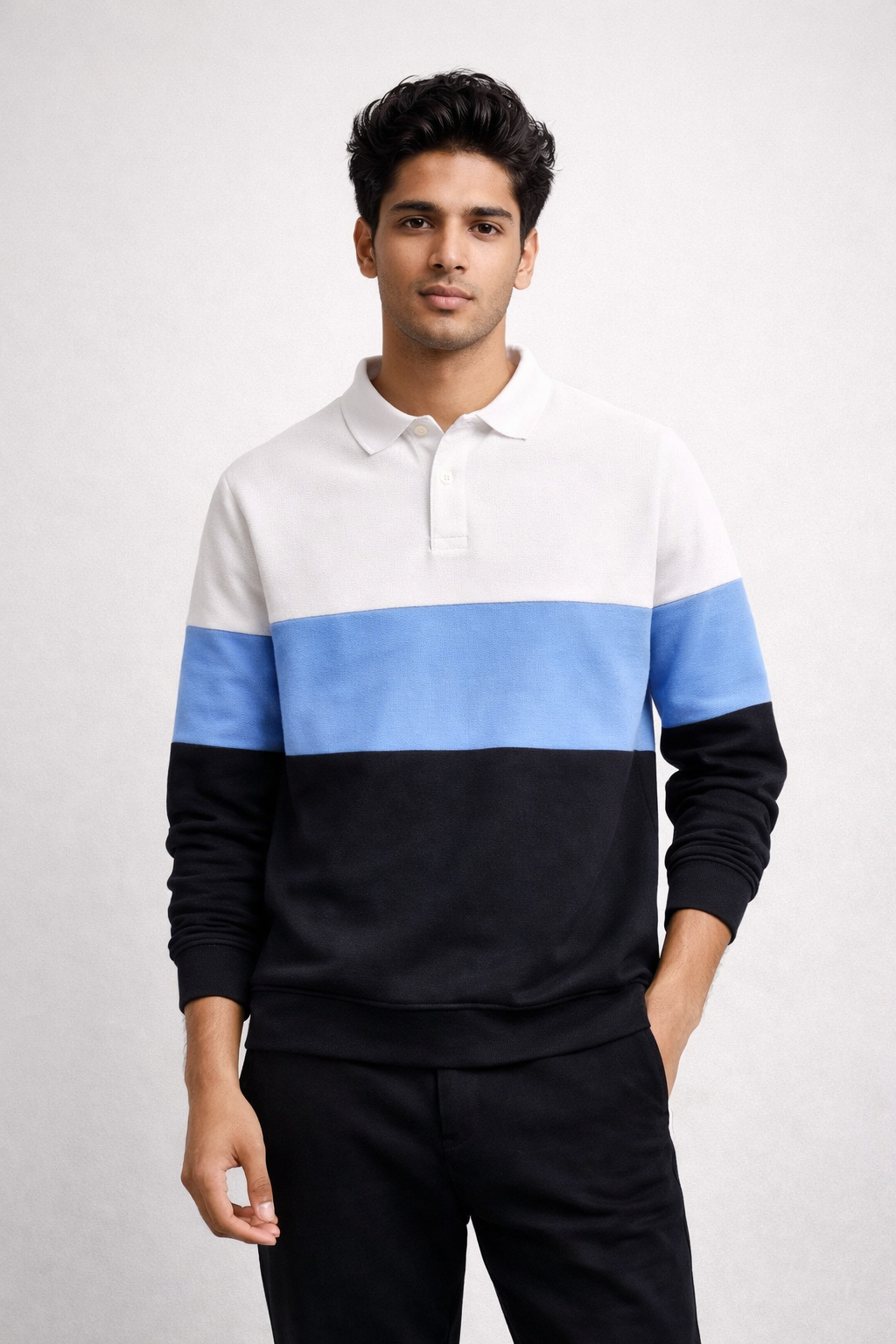 Men’s Colorblock Popcorn Fabric T shirt – White, Sky Blue & Black