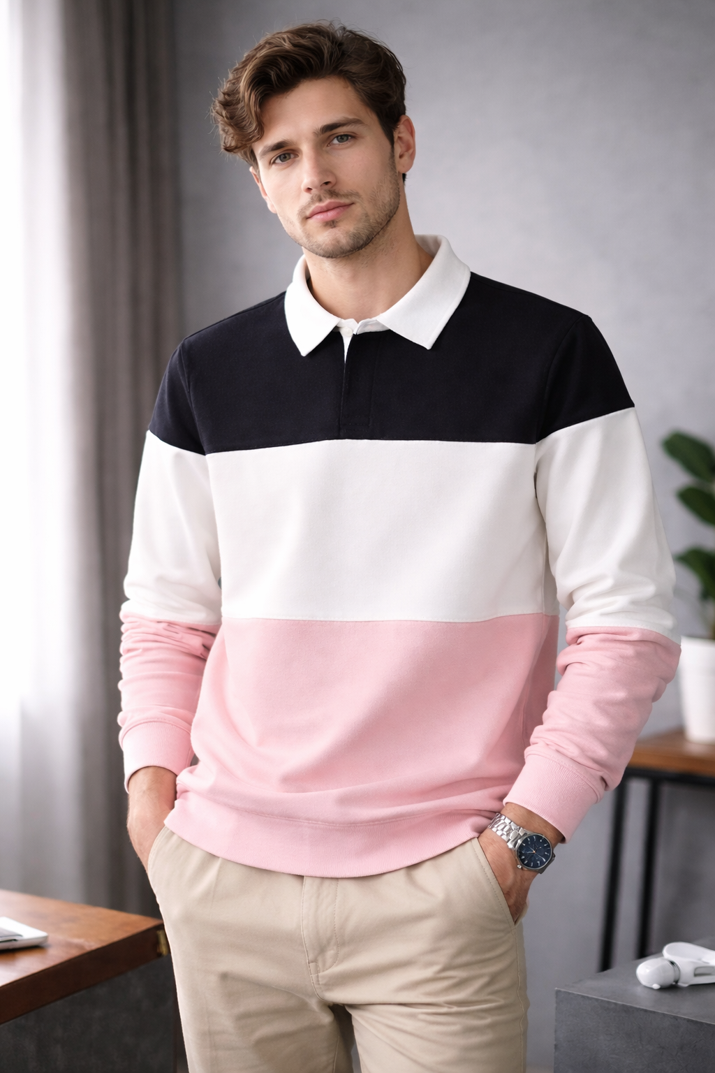 Men’s Colorblock Lycra Fabric T shirt – White, Pink & Black