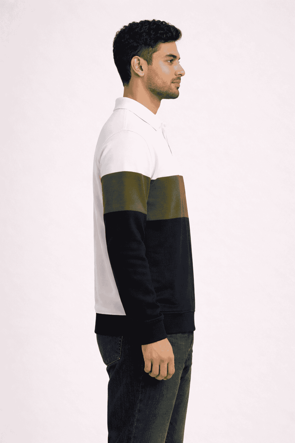Premium Polo T-Shirt White–Olive Green–Black Colorblock