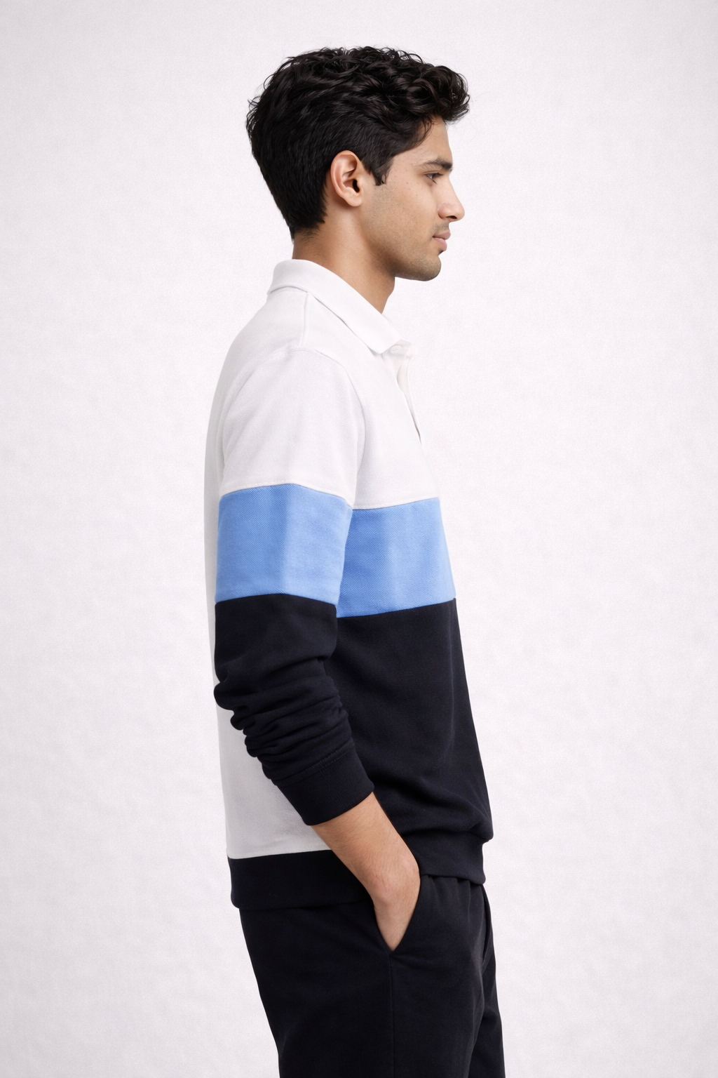 Men’s Colorblock Popcorn Fabric T shirt – White, Sky Blue & Black